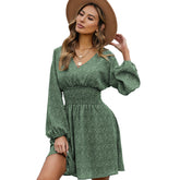 Polka Print Long Sleeve V Neck Lantern Pleated Waist Slim A-line Mini Dress
